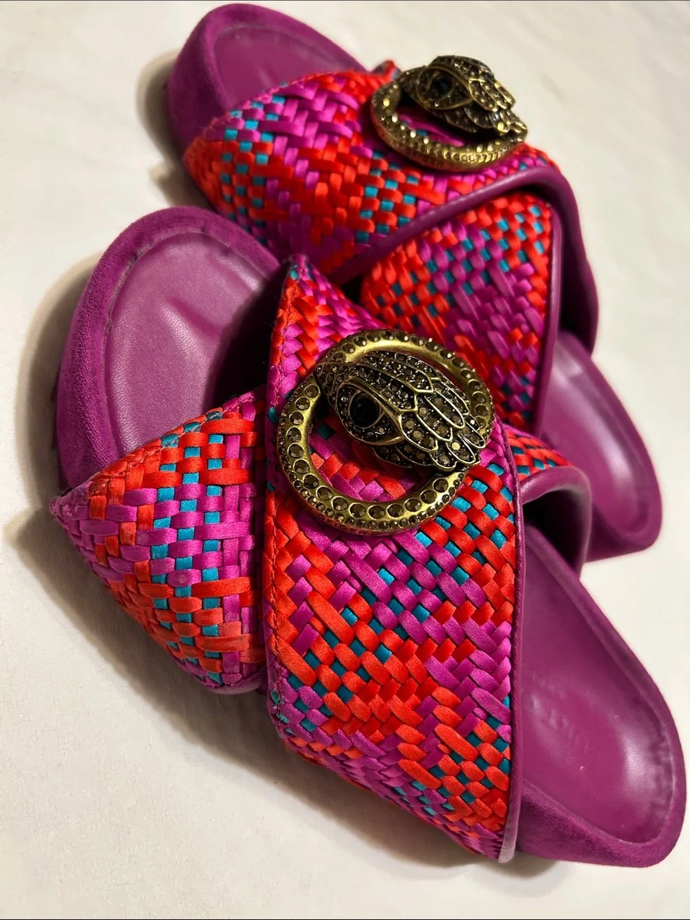 Kurt Geiger Pink Woven Slide Sandals with Decorative Gold Medallion
